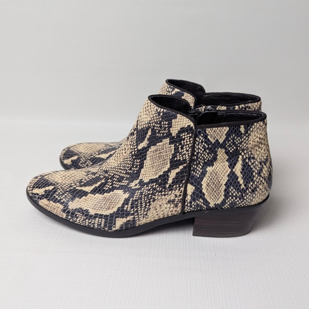 Sam Edelman Petty Snakeskin Leather Ankle Boots Cream Black Sz 8 Low Block Heel
